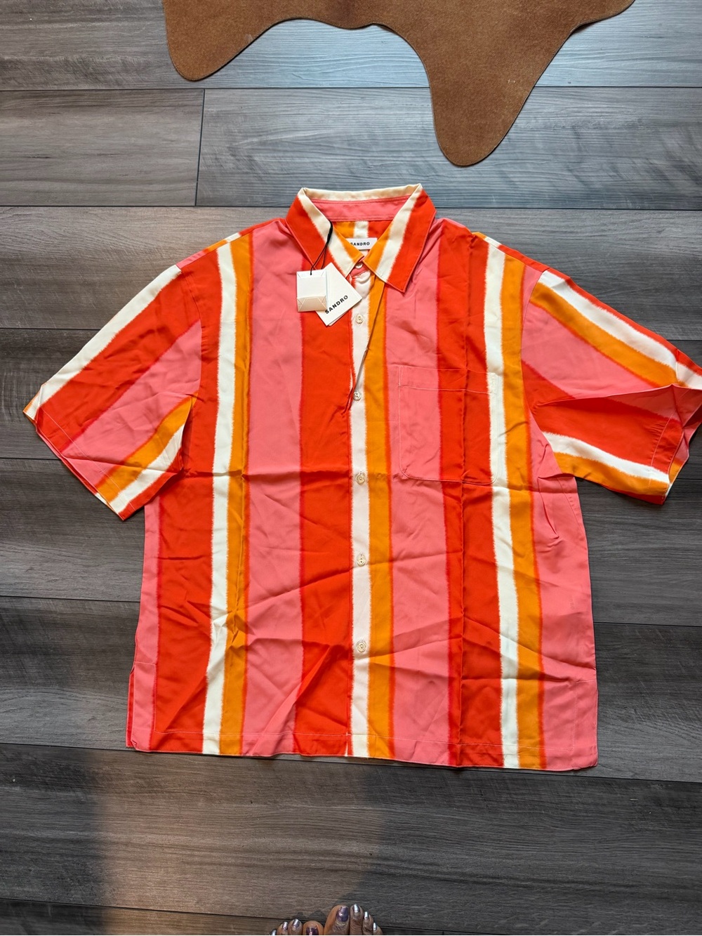 Sandro Men’s Red, Pink & Orange Vertical Stripe Short-Sleeve Button-Up Shirt XL